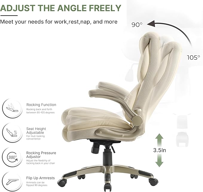 EUREKA ERGONOMIC Executive Office Chair Flip Up Arm Rest, Ergonomic Desk Chair Faux Leather Computer Chair, High Back Office Chair with Headrest, Home Office Desk Chairs with Wheels, Beige
