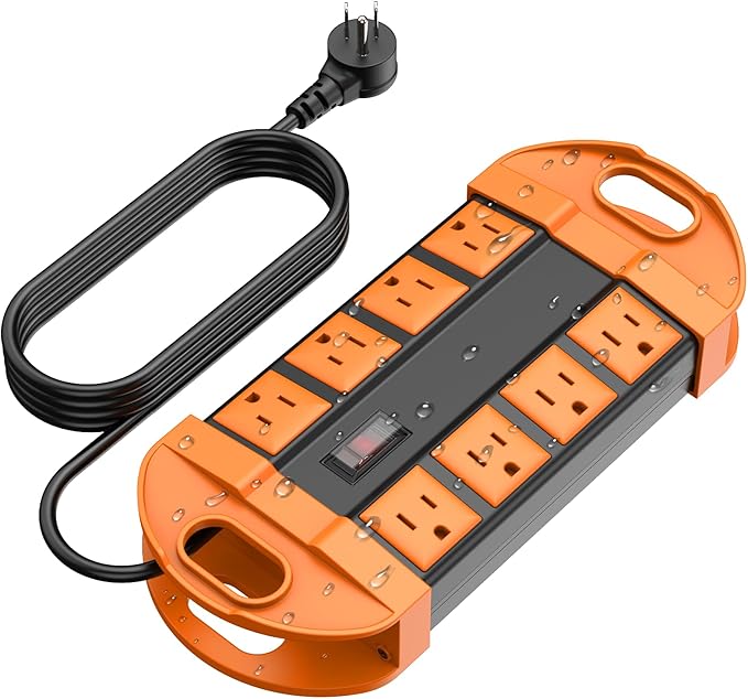 CCCEI Outdoor Power Strip Weatherproof with 8 Plug, Waterproof Extension Cord with Multiple Outlets, Christmas Exterior Garden Yard Surge Protector 10FT, Orange.