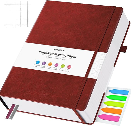 Graph Paper Notebook, 312 Numbered Pages B5 Hardcover Leather Journal, 100gsm No Bleed Grid Paper Notebook with Index Pages, Grid Notebook for Graphing Notes Math, 7.6'' X 10'', Burgundy