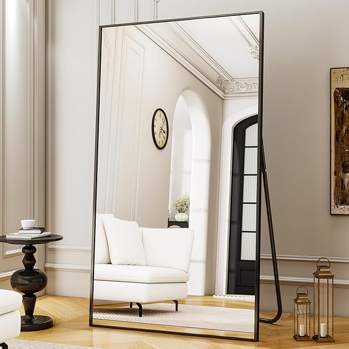 Full Length Mirror with Stand - 38"x77" Full Body Mirror for Floor, Wall Hanging or Leaning - Aluminum Alloy Frame for Living Room, Bedroom, Cloakroom - Black