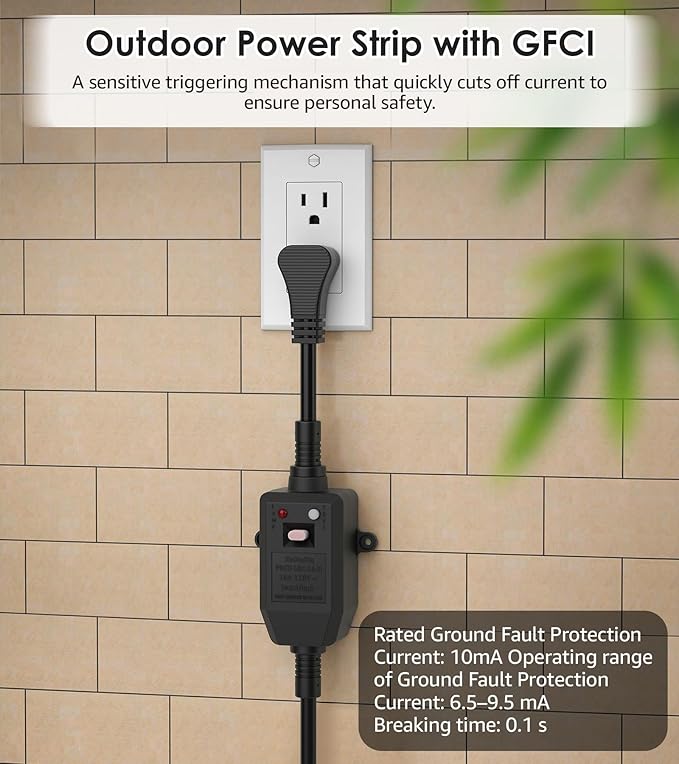 CCCEI GFCI Outdoor Power Strip Weatherproof with 8 AC, Waterproof Extension Cord with Multiple Outlets, Wall Mount Surge Protector Flat Plug, Christmas Exterior Garden, Yard, 6FT, Yellow.