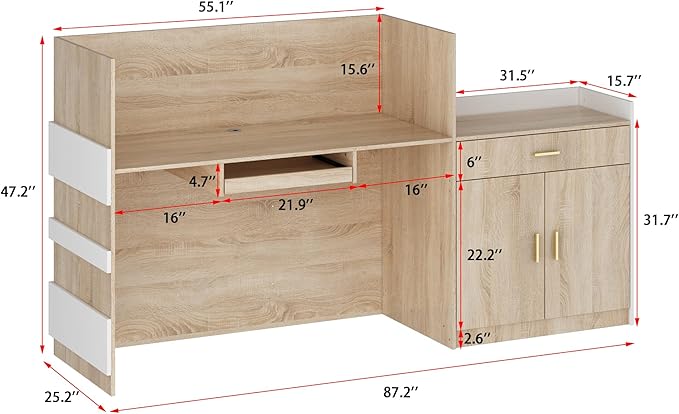 ECACAD Oak & White Reception Desk with Keyboard Tray, Retail Counter with Cabinet, Checkout Counter Table for Office Clinic Retail Lobby Salon