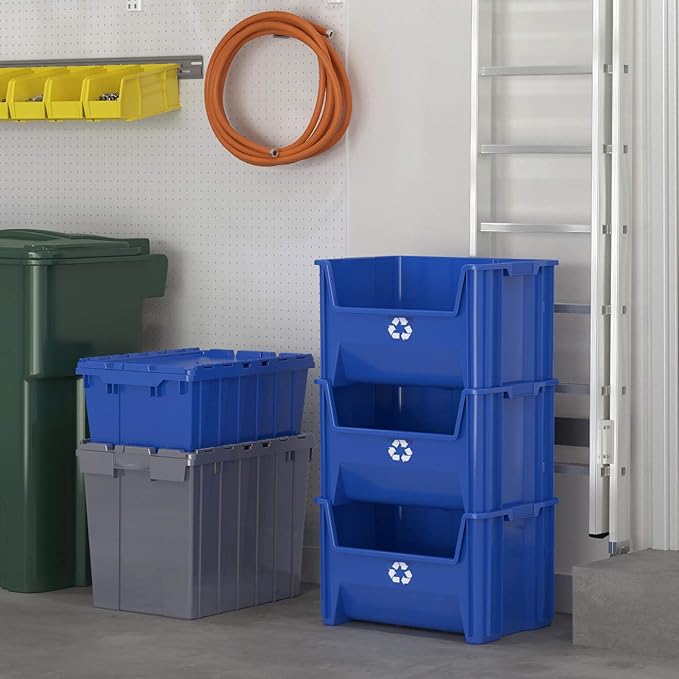 Commercial Industrial Heavy Duty Stackable Open-Front Recycling Bin Box Containers, 12.5 Gallon (Pack of 3), Blue