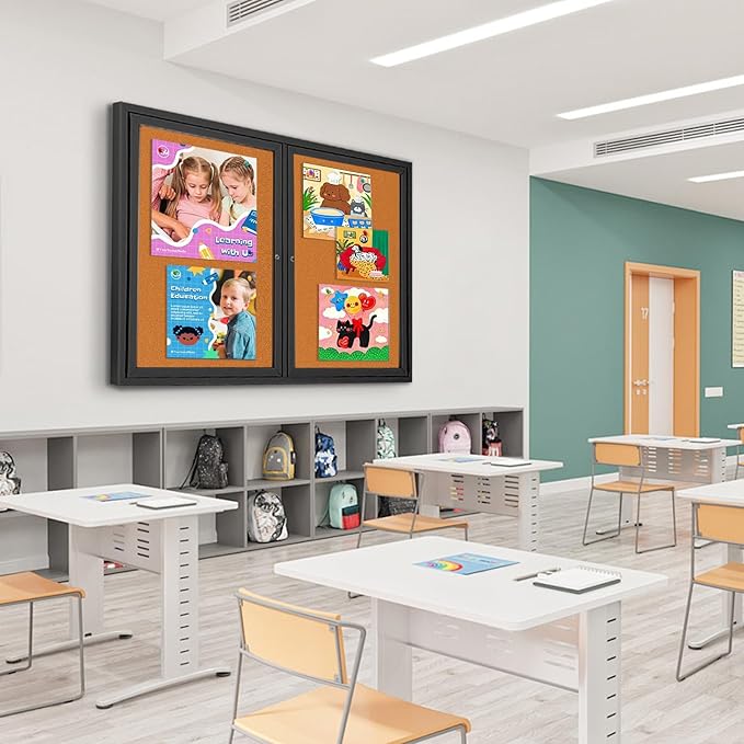 Enclosed Bulletin Board Lockable,Double-Door Weatherproof Outdoor Noticeboard with Locking Door, Wall-Mounted Aluminum Framed Presentation Board, 44x32 Inch (8xA4)