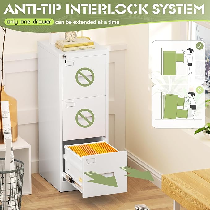 Crownland Lateral File Cabinet with 3 Drawers, 15" W Metal Lockable Office File Cabinets for Home Office- Stores Letter/Legal/A4/F4 Files(White)