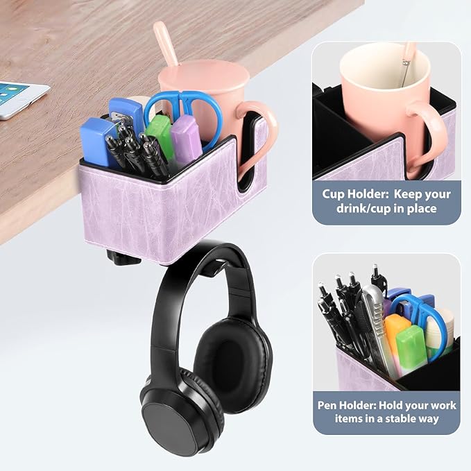 Desk Cup Holder Clip on Pen Holder Headphone Hanger Headset Stand Rotatable Clamp Hook Under Desk (Violet)