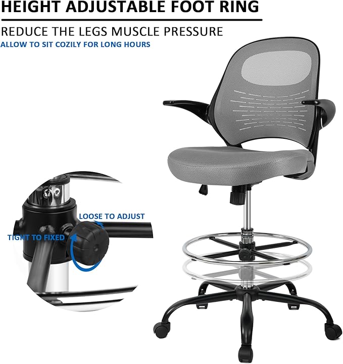 HYLONE Tall Drafting Chair Standing Desk Chair with Flip-Up Armrests, Adjustable Height Ergonomic Office Chair with Footrest Ring - High Stool Chair for Standing Desk（Grey）
