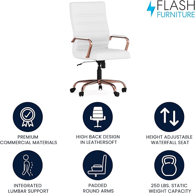 Flash Furniture Whitney High-Back Swivel LeatherSoft Desk Chair with Padded Seat and Armrests, Adjustable Height Padded LeatherSoft Office Chair, White/Rose Gold