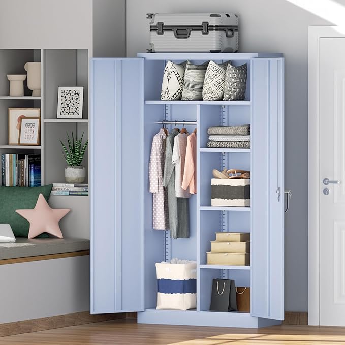 Greenvelly Metal Storage Wardrobe Cabinet with Lock, 72" Dark Grey Metal Wardrobe Closet for Hanging Clothes with Doors and Shelves, Modern Clothes Closet for Home, Office and Bedroom, School,Gym