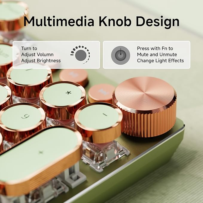 EWEADN Typewriter Style Mechanical Gaming Keyboard, Wired Mechanical Keyboards,104 Keys Backlit LED Keyboards, Media Control Knob, Wired Computer Keyboard Pink Switch for Windows/Mac/PC-Green