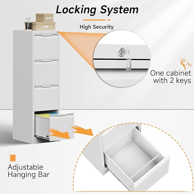 Bestoo 17.8" D Vertical File Cabinet, 4 Drawer Metal Filing Cabinets with Lock, Steel Filing Cabinet for Home Office, File Cabinet for Letter/Legal/A4/F4 Size, Easy Assemble (White)