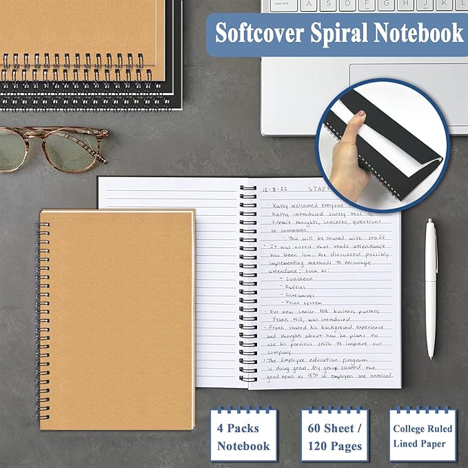 GINMLYDA Small Spiral Notebook A5, 10Pack 120 Lined Pages 8.25x5.5 Inches Spiral Journal Kraft Cover Notebooks & Writing Pads for School Home Office Aesthetic Sketch Drawing Note