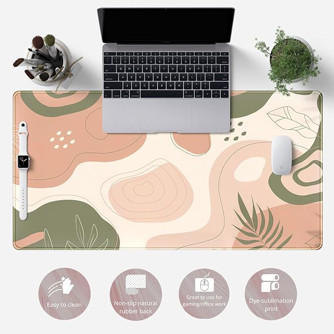 Boho Green Cream Desk Mat Boho Kawaii Green Mouse Pad Cute Desk Mat, Large Aesthetic Mouse Pad XL Desk Decor for Women with Stitched Edge Mouse Desk Pad for Keyboard and Mouse Desk Pad, 31.5x15.8in.