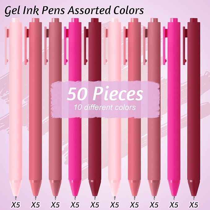 Crtiin 50 Pcs Gel Ink Pens Bulk Black Ink, Smooth Writing Cute Colorful Pens for Back to School First Day of School Teacher Student Server Office Supplies Staff Party Favor Gifts (Pink Series)