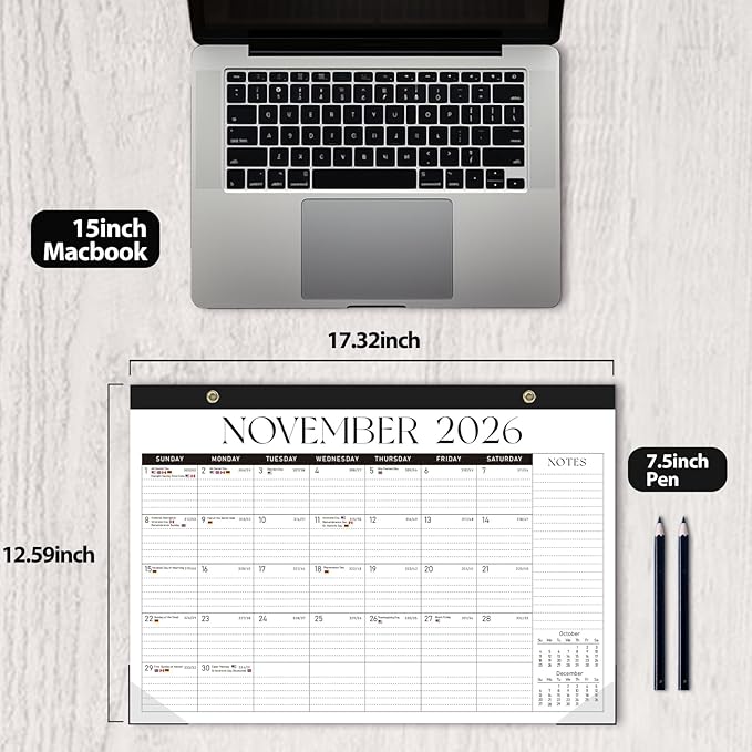 Desk Calendar 2025-2026, Monthly Desktop Large Calendar (July 2025-December 2026) Desk Wall Planner for Family Office Teacher School, 17" x 12" Black-White