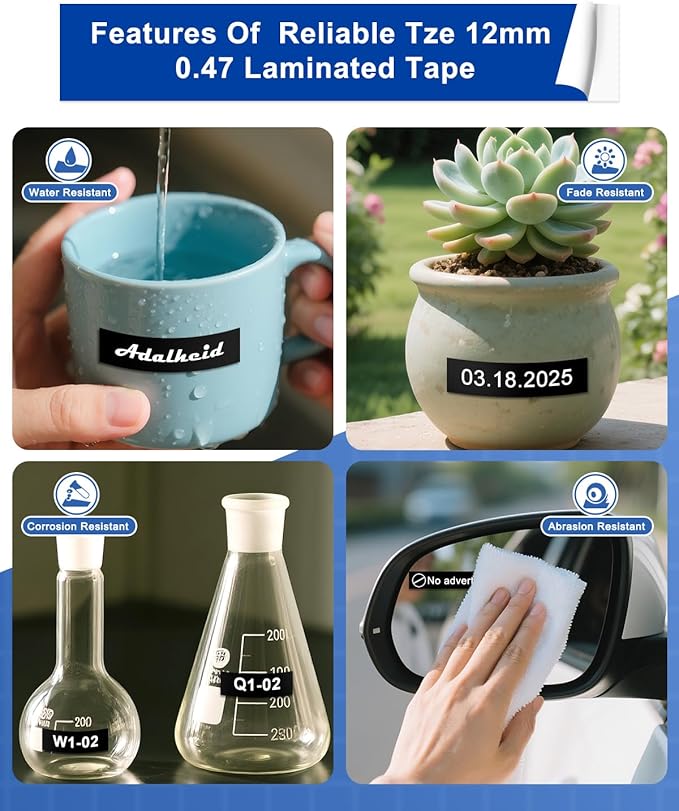 BOYEEZON Label Maker Tape 12mm 0.47 Black Replacement for Brother P Touch Label Tape TZe-335 TZ TZe 12mm 0.47 Laminated White on Black for Brother PTD210 PTD400 PTD410 PTD600, 4 Packs