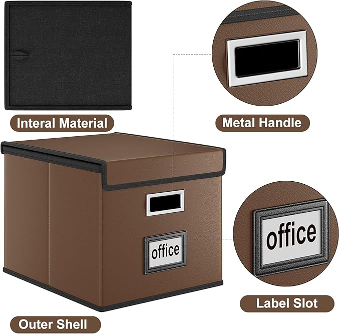 Huolewa File Organizer Boxes with Lids, Collapsible Faux Leather Hanging File Folder Box Organizer with Plastic Slide, Decorative Home/Office Filing System Boxes for File and Folders Storage