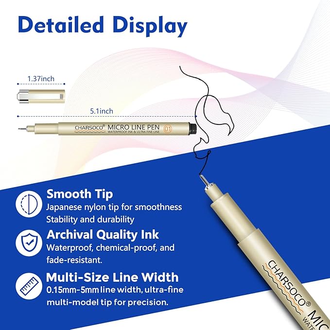 BR Micro Pen, 6 Pack Black Fine Point Pen with Waterproof Archival Ink, 1-5mm Fineliner Ink Pens for Artist Illustration, Sketching, Anime, Manga, Technical Drawing and Scrapbooking
