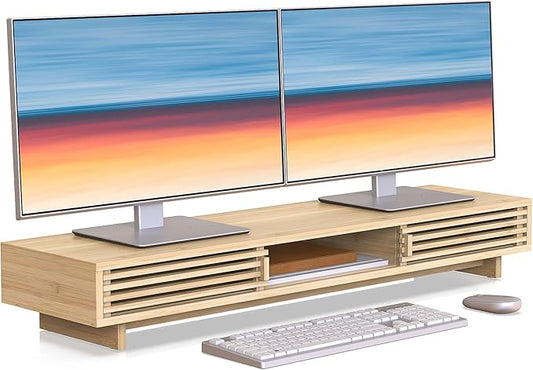 Dual Monitor Stand Riser with Sliding Door, Double Computer Laptop Stand Desk Shelf Organizer with Storage (Natural Bamboo, 38 Inch)