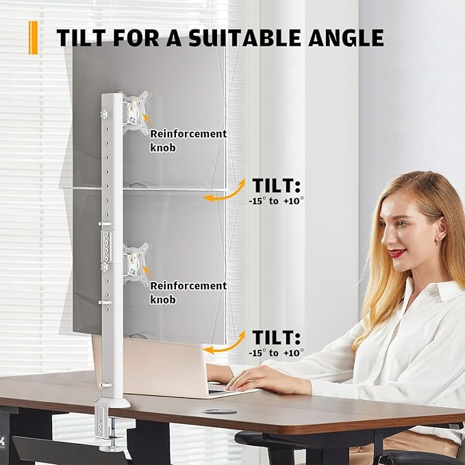 Dual Monitor Articulating Desk Mount Arm Stand - Vertical Stack Screen Supports Two 13 to 34 Inch Computer Monitors with C Clamp White