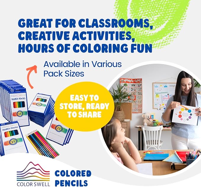 Color Swell Colored Pencil Pack 12 Count Assorted Vibrant Pre-Sharpened Colors Perfect for Kids, Teachers, Classrooms, and All Ages