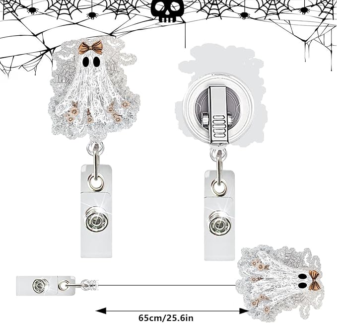 Ghost Badge Reel Retractable Badge Clips Holder with Alligator Clip Glitter Cute Halloween Spooky Badge Holders Spider Web Designs for Nurses Doctors RN EN Paramedic Medical Office