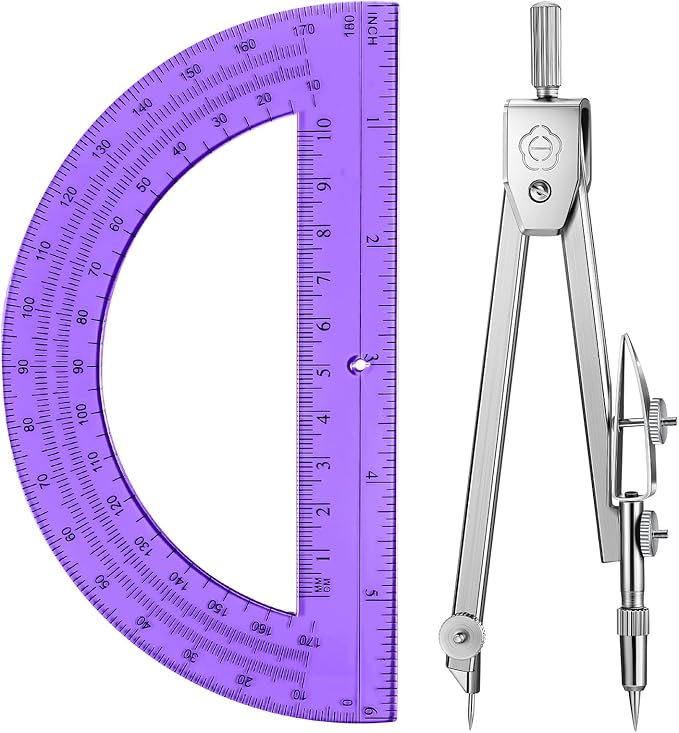 EBOOT Student Geometry Math Set, Drawing Compass and 6 Inch Swing Arm Protractor 180 Degree Math Protractor (Purple)