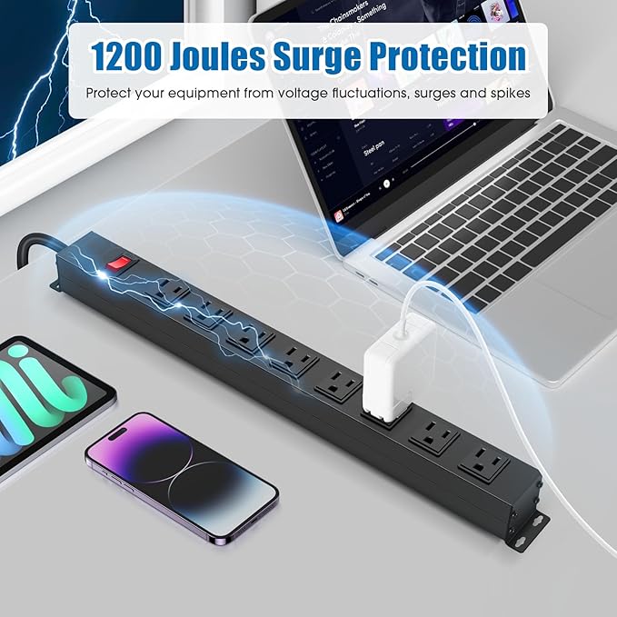 HHSOET 8 Outlet Metal Wall Mount Power Strip, Mountable Outlet with Switch, Heavy Duty Wide Spaced Surge Protector, 6 FT SJT 14AWG Black Spring Cord.