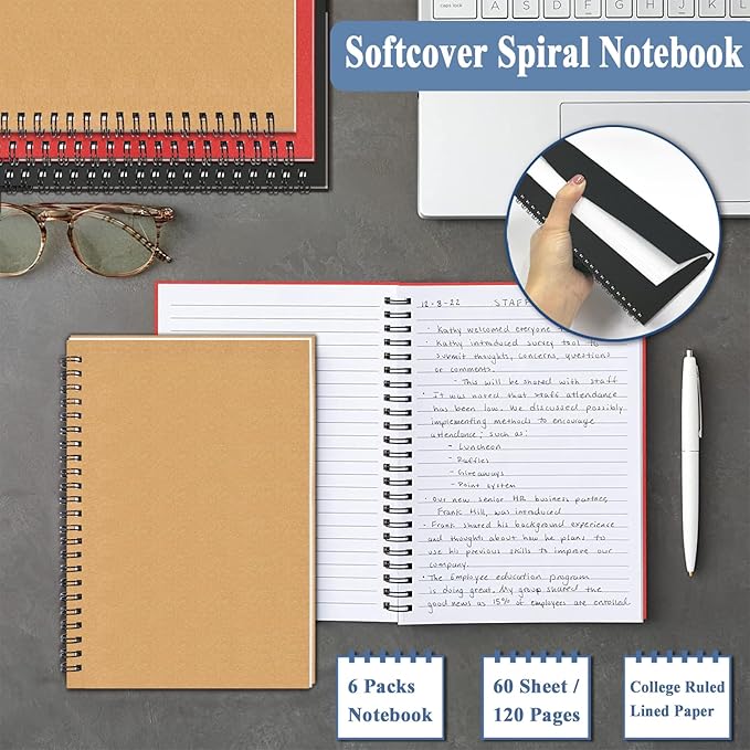 GINMLYDA Small Spiral Notebook A5, 6Pack 120 Lined Pages 8.25x5.5 Inches Spiral Journal Kraft Cover Notebooks & Writing Pads for School Home Office Aesthetic Sketch Drawing Note