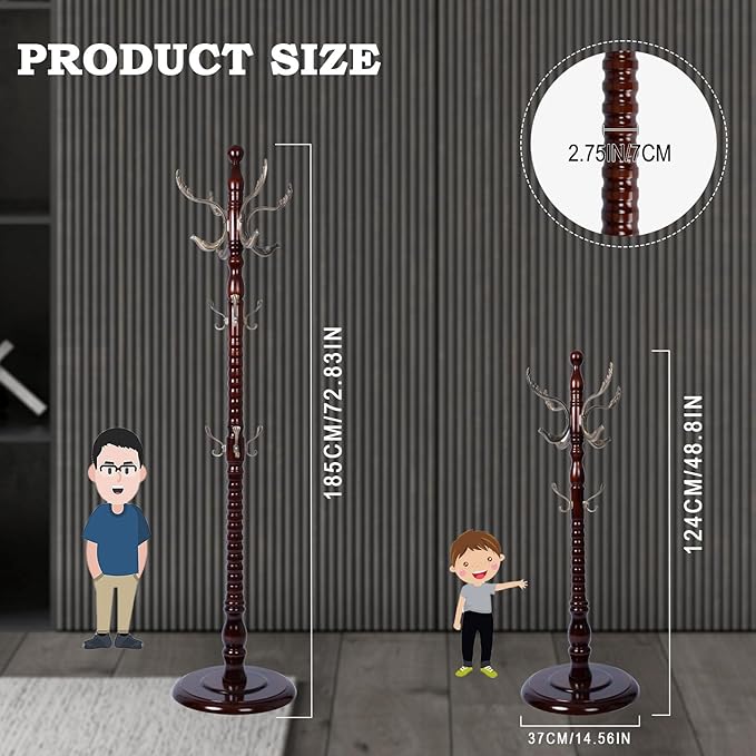 Coat Racks FreeStanding with 14 Hooks, Natural Wood Coat Rack with Solid Round Base, Adjustable Height Coat Racks, Easy Assembly for Hallway, Bedroom and Office (Reddish Brown-Metal Hook)
