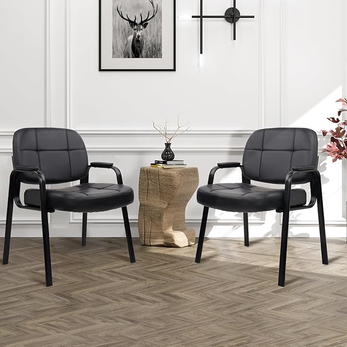 CLATINA Big & Tall 500 lbs Waiting Room Guest Chair, Leather Office Reception Chair No Wheels with Padded Arms for Elderly Home Desk Conference Room Lobby Side Salon Clinic, Black(2 Pack)