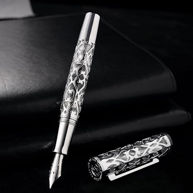 Hongdian D1 Piston Fountain Pen Fine Nib, Hollow Skeleton & Resin with Metal Case Set (Silver)