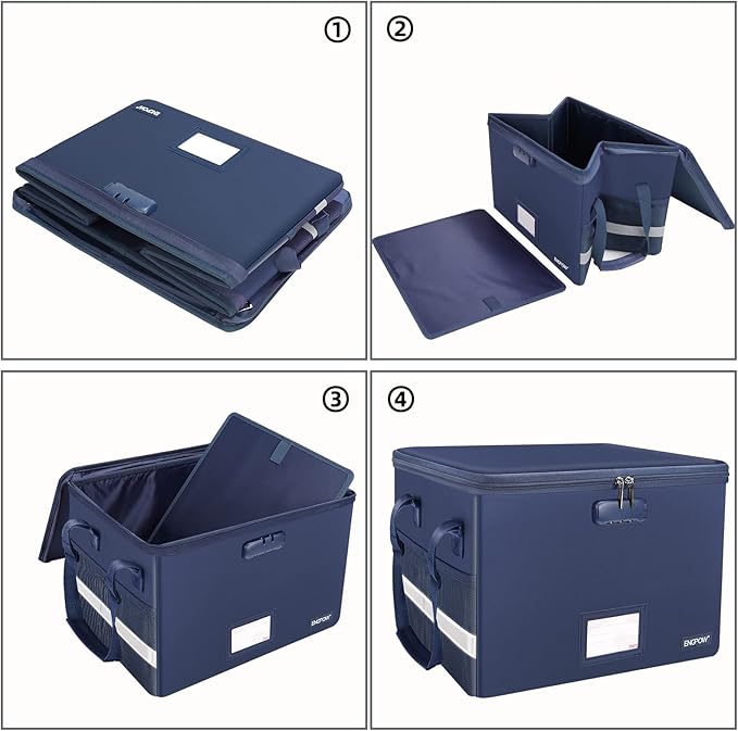 ENGPOW File Box with Lock, Fireproof Document Box with Pockets, Collapsible File Organizer Filing Storage Cabinet with Handle, Portable Home Office Safe for Hanging Letter/Legal Folders, Blue, 2 Pack