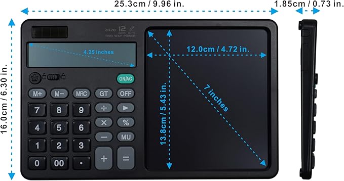 Desk Calculator Large Display with 7'' Erasable Writing Pad, 12 Digits Large Screen Display Jumbo Calculadora, Solar & Battery Powered Big Button Calculators for Business Office School, Black