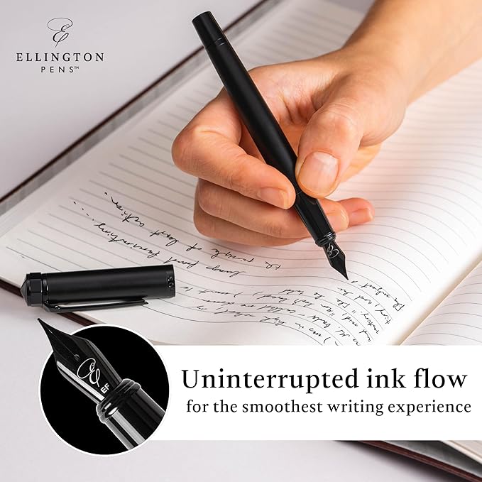 Ellington Pen Luxury Fountain Pen Set - Fountain Pens For Writing - Smooth Medium Nib - Includes Refillable Ink Converter, 3 Ink Cartridges, Gift Box - Calligraphy, Journaling, Sketching (The Stealth)