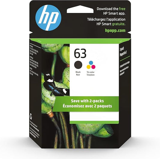 HP 63 Black/Tri-color Ink (2-pack) | Works with HP DeskJet 1112, 2130, 3630 Series; ENVY 4510, 4520 Series; OfficeJet 3830, 4650, 5200 Series | Eligible for Instant Ink | L0R46AN