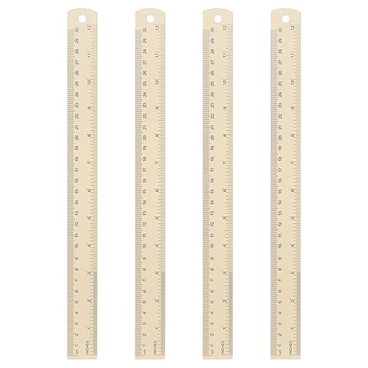 HARFINGTON 4pcs Metal Straight Ruler 30cm Metric SAE Aluminum Alloy Measuring Rulers Scale Tool with Hole for Measure Study Reading Classroom Office, Beige