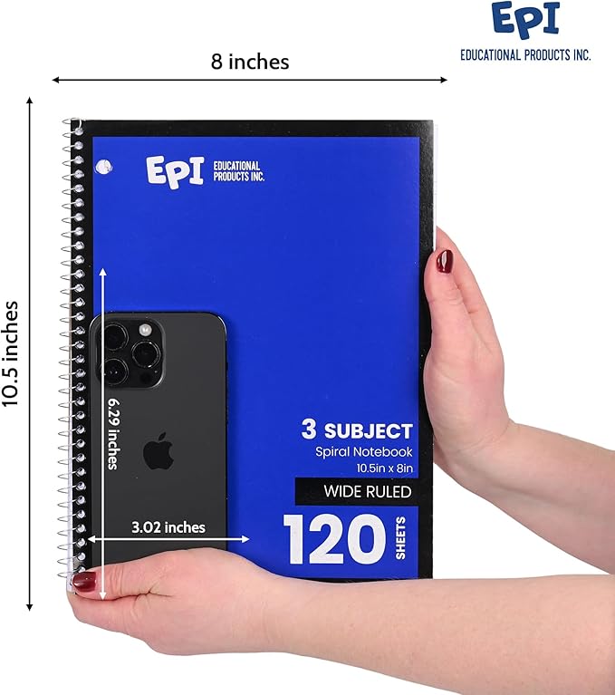 EPI Spiral Notebook | 3 Subject - Wide Ruled - 120 Sheets, Durable Spiral Binding | 10.5 x 8 in | Classroom Supplies | School, Office, Note Taking, Journaling - 12 Pack
