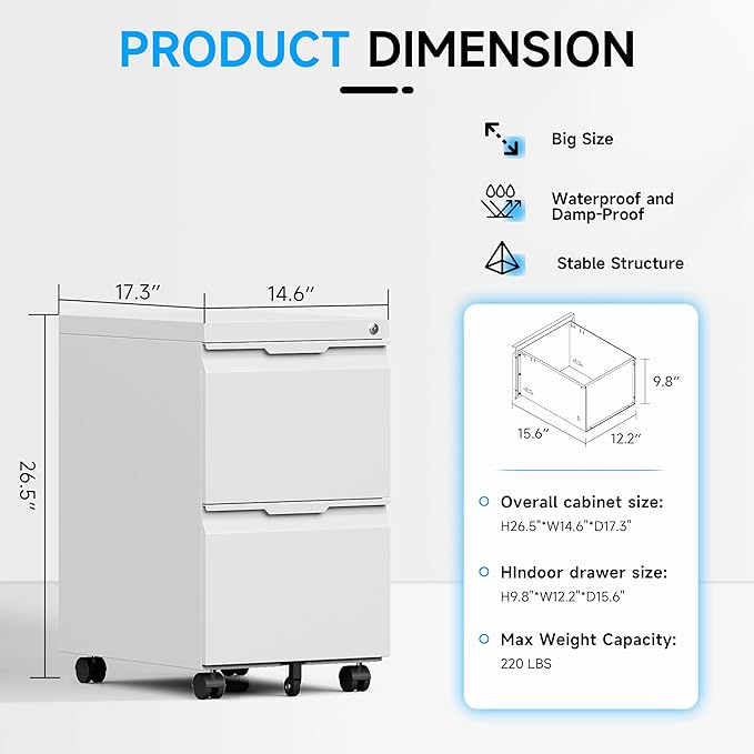 Bestoo 2 Drawer Mobile File Cabinet with Lock, File Cabinet on Wheels for Letter/Legal/A4 File, Metal Rolling File Cabinets for Home Office (White)