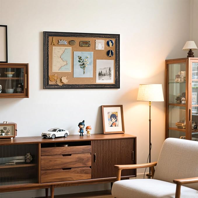 Cork Board Bulletin Board - 24" x 18" - Rustic Black Frame Corkboard for Wall - Decorative Pin Board, Message Board, Vision Board, Picture Board, Photo Board