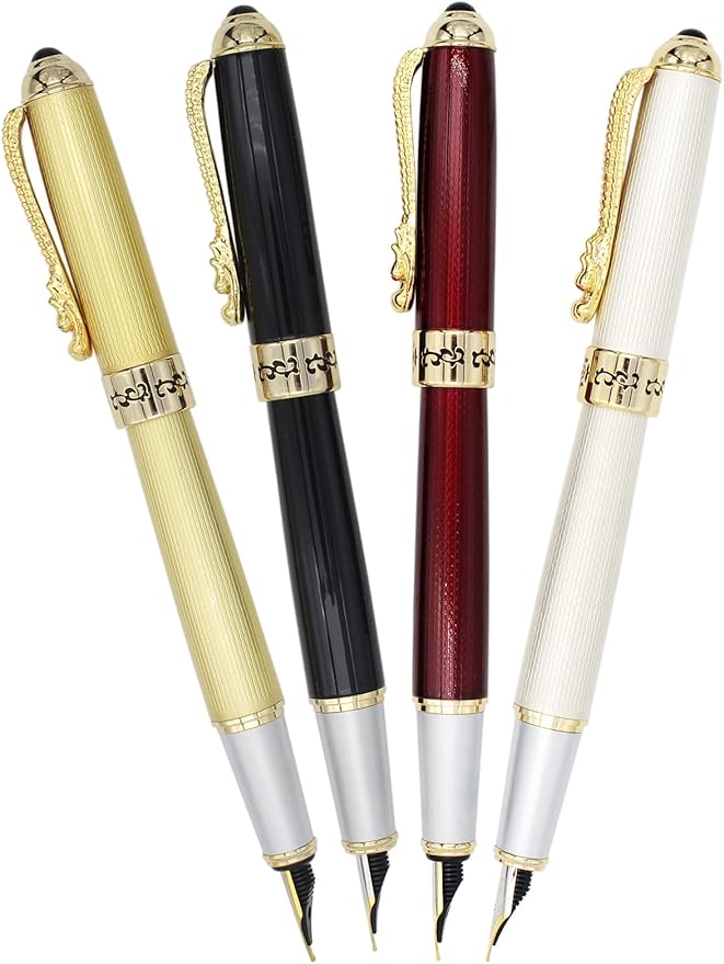 Gullor Fountain Pen with Ink Converter, Golden Dragon Clip, Executive Pen for Smooth Writing, Fine Nib, White