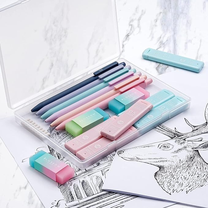 Four Candies Cute Mechanical Pencil Set, 6PCS Pastel Mechanical Pencils 0.5 & 0.7mm with 360PCS HB Leads, 3PCS Erasers and 9PCS Eraser Refills, Aesthetic School Supplies for Girls Writing
