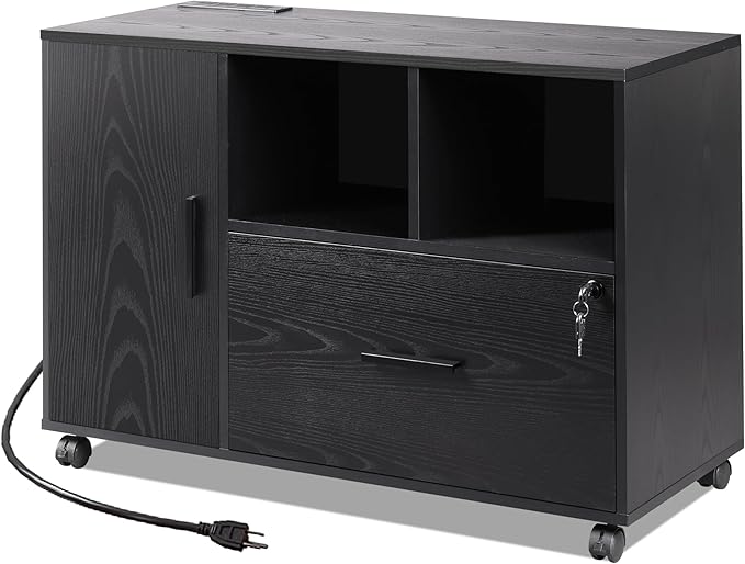 DEVAISE File Cabinet with Charging Station, 1-Drawer Lateral File Cabinets with Lock for Home Office, Wooden Rolling Printer Stand with Shelves, Black