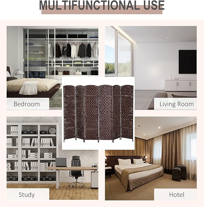 HOMCOM Room Divider 6 Panels Folding Privacy Screen 6FT Tall Portable Wicker Weave Partition Wall Divider for Bedroom Home Office, Brown