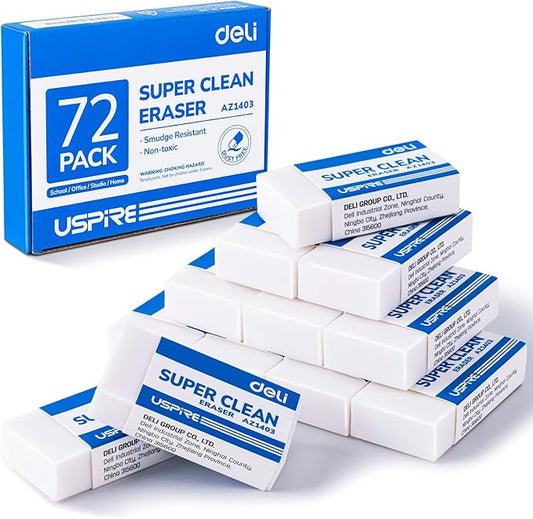 Deli Pencil Erasers, Pencil Eraser, 72 Pack, White Erasers, Erasers for Drawing, Kids, Artist, White, Large