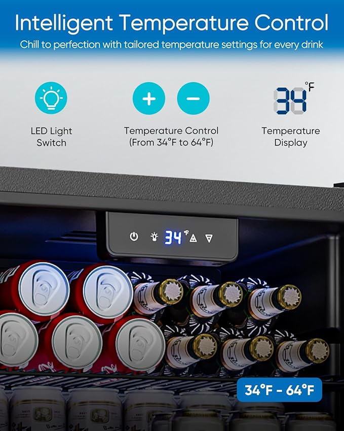 Beverage Refrigerator and Cooler - 126 Can Mini Fridge Glass Door for Soda Beer Wine - Freestanding Beverage Fridge for Bedroom Office Bar, 4 Adjustable Shelves, 3.2 Cu.Ft, Black