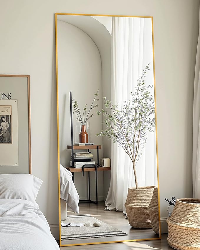 Full-Length Floor Mirror with Stand, 59"x16" Rectangle Style Full Body Standing Mirror for Bedroom, Living Room, Gym, Dorm - Shatter-Resistant & Easy Assembly, Gold