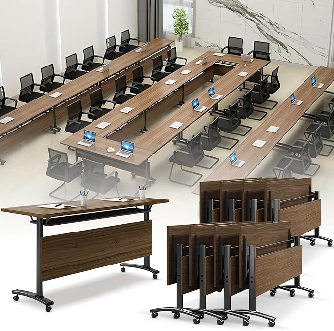 Folding Conference Room Table, Modern Conference Tables with Wheels, Large Rectangular Mobile Training Tables for Office Classroom, Foldable Modular Boardroom Seminar Table Walnut (8pack L63in)