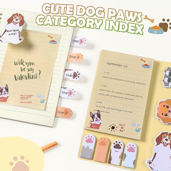Hommie Cute Sticky Notes, Dog Sticky Notes Set Planner Dividers Self-Stick Notes Pads Animal Divider Tabs Bundle Writing Memo for Dog Lovers Office School Supplies