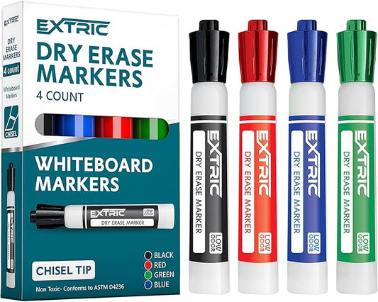EXTRIC Dry Erase Markers Chisel Tip, Whiteboard Markers 4 Pack Assorted Colors, White Board Marker Dry Erase Red, Blue, Green, Black White Board marker Low Odor for Teachers and Students